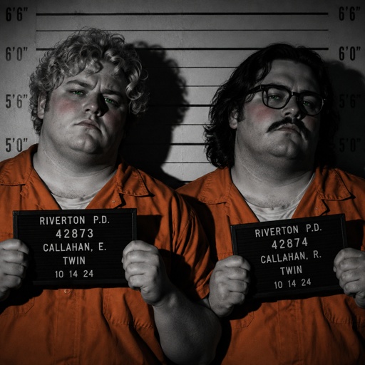 Male, green eyes, mustache, neck length black hair, neat hair, black glasses, male blonde curly hair, green eyes, blush, male, blonde curly hair, green eyes, fat, blush, the blonde guy and the fat guy are twins, there all wearing orange jumpsuits getting there mugshots taken, cinematic 
