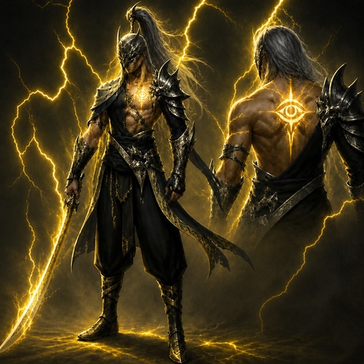 a couple of men standing next to each other in front of lightning