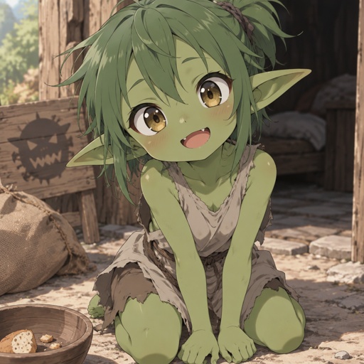 Small goblin girl. Cute ragged clothes. Child