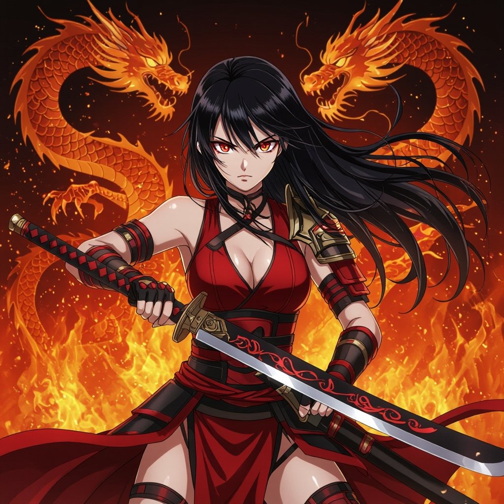 Warrior girl with flowing black hair, with sword with dragon crafted, holding with one hand across the picture, fierce background with fire, warrior costume with red and black