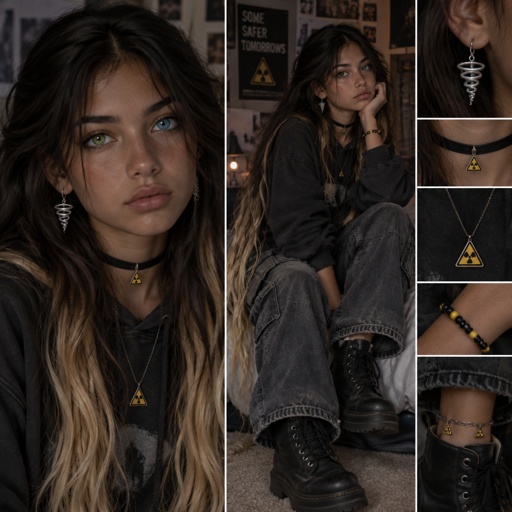 Female, 16, black hair with blond tips, ankle length hair, one bright green eye and one deep blue eye, tanned skin, black choker with a hazard triangle charm (small), tornado drop down earrings, oversized hoodie, baggy jeans, boots,  a black with yellow accents beaded bracelet, a black anklet with a hazard charm, and a hazard charm necklace