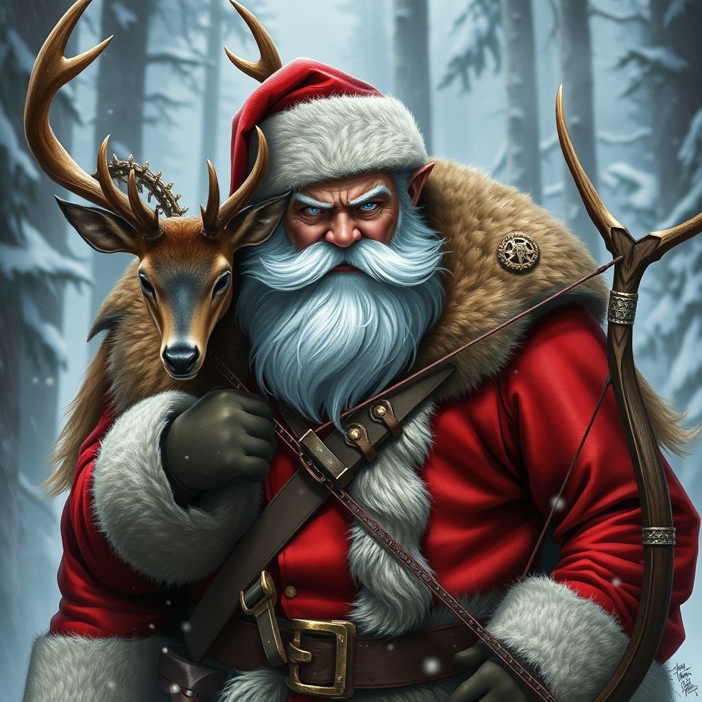 Bad ass Santa clause with a stag on his shoulders and a bow in his hands