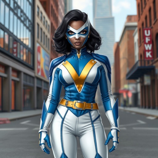 A teenage African American female superhero wearing a domino style mask with slightly curly hair in a shoulder length side part style wearing a polyester and leather White and blue suit with gold accents blue pants and a stylized V as her chest emblem a utility belt and blue boot heel less standing in Philadelphia