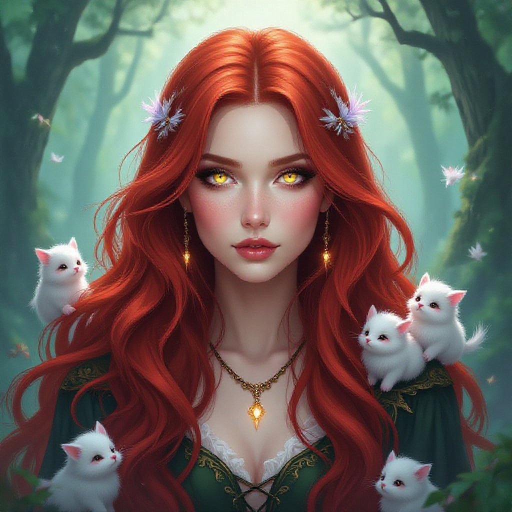 witch with long shimmering red hair and skin with small fluffy creatures around her 