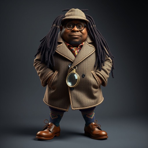 Create a funny fat character similar to Sherlock Holmes, but make him of black decent and with dread locks. Show his whole outfit including his shoes.