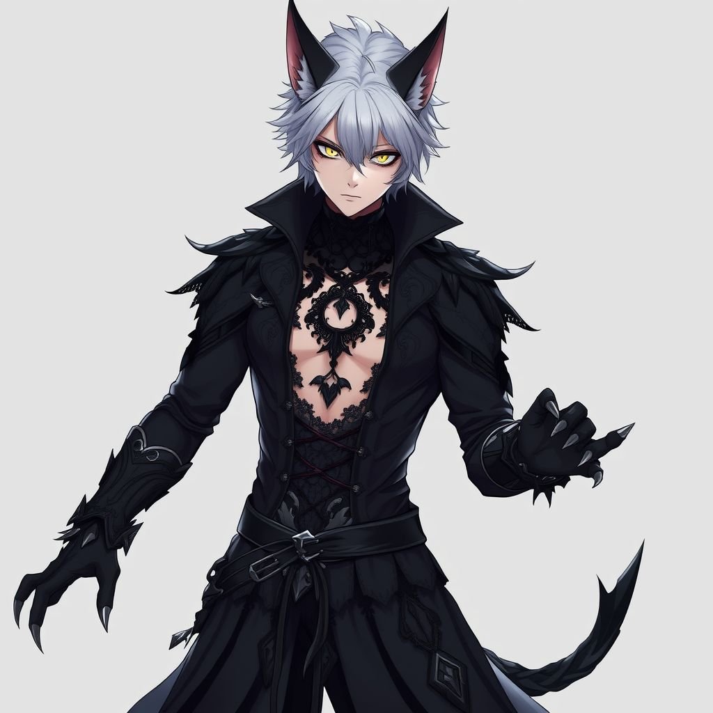 Create in anime style, a young adult, pale skinned, gothic male human wearing black attire and has werewolf features including werewolf’s ears and werewolf’s claws and a werewolf’s tail.