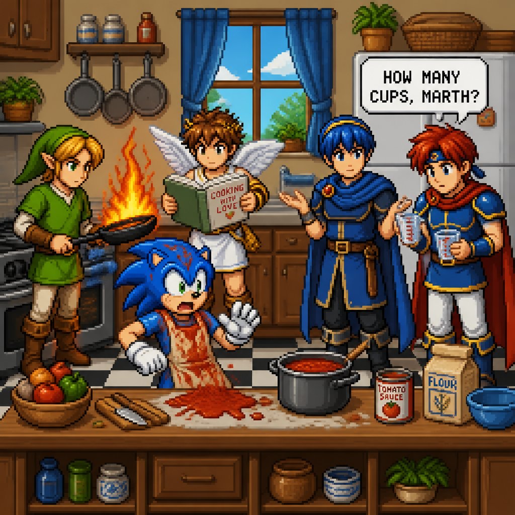 Super smash brothers link from legend of Zelda, pit from kid Icarus, and sonic the hedgehog as a human,Marth from fire emblem,Roy from fire emblem, there trying to make dinner Roy looking at the measuring cups asking Marth which one he’s supposed to do Marth shrugs and says “how should I know I’ve never cooked before, I am a prince after all” link holding pan that’s on fire, pit trying to read the cookbook, human Sonic spilling tomato sauce on himself