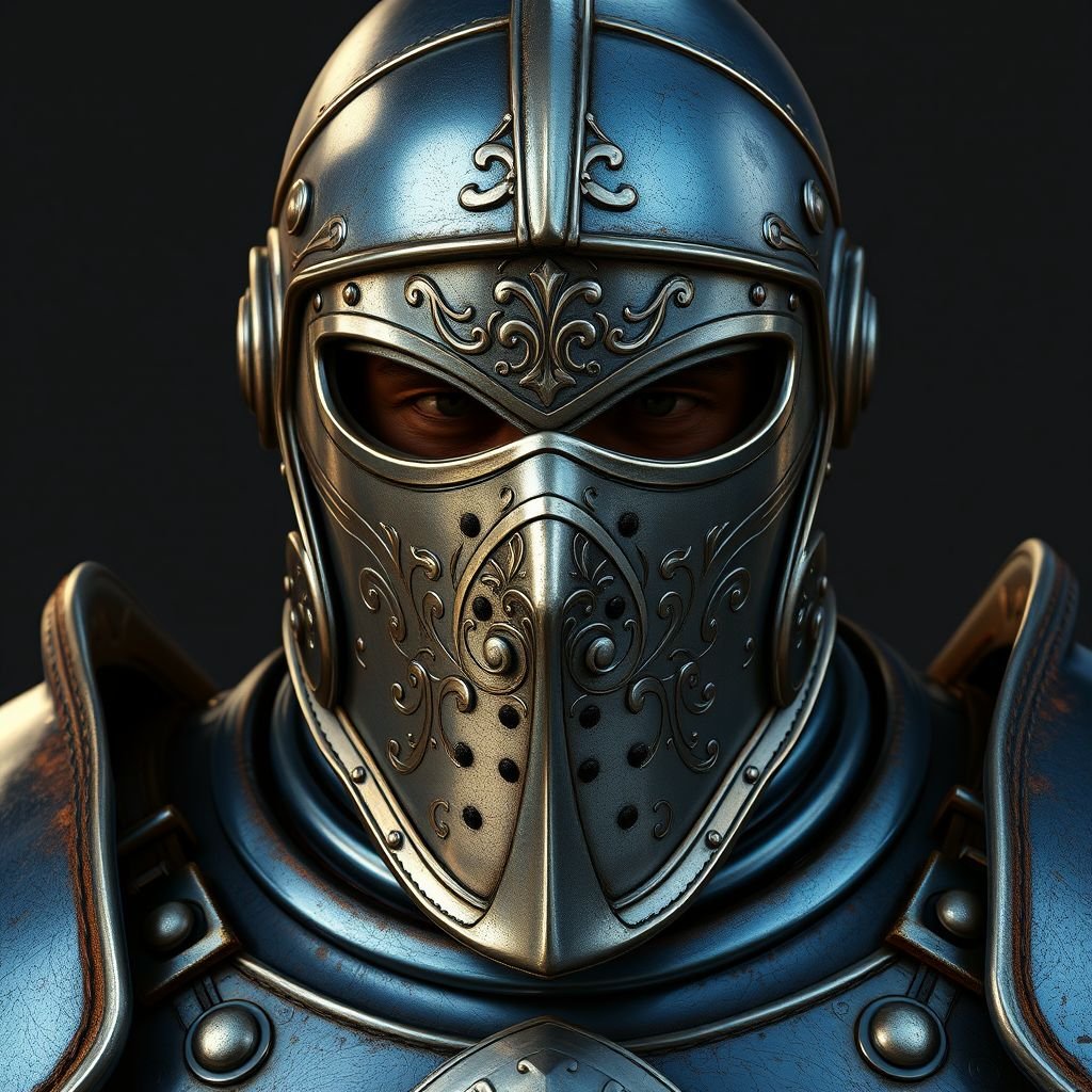 Blue metal armor with cool leather straps and a full metal full face mask