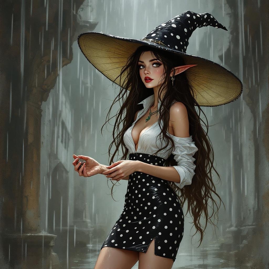 Brunette Elf Wizard Librarian with Long brunette hair in a tight black and white polka dot mini pencil skirt and a white open blouse and a big witches hat. She looks like she’s daydreaming the hottest moment ever and is drunk standing in the rain her outfit wet