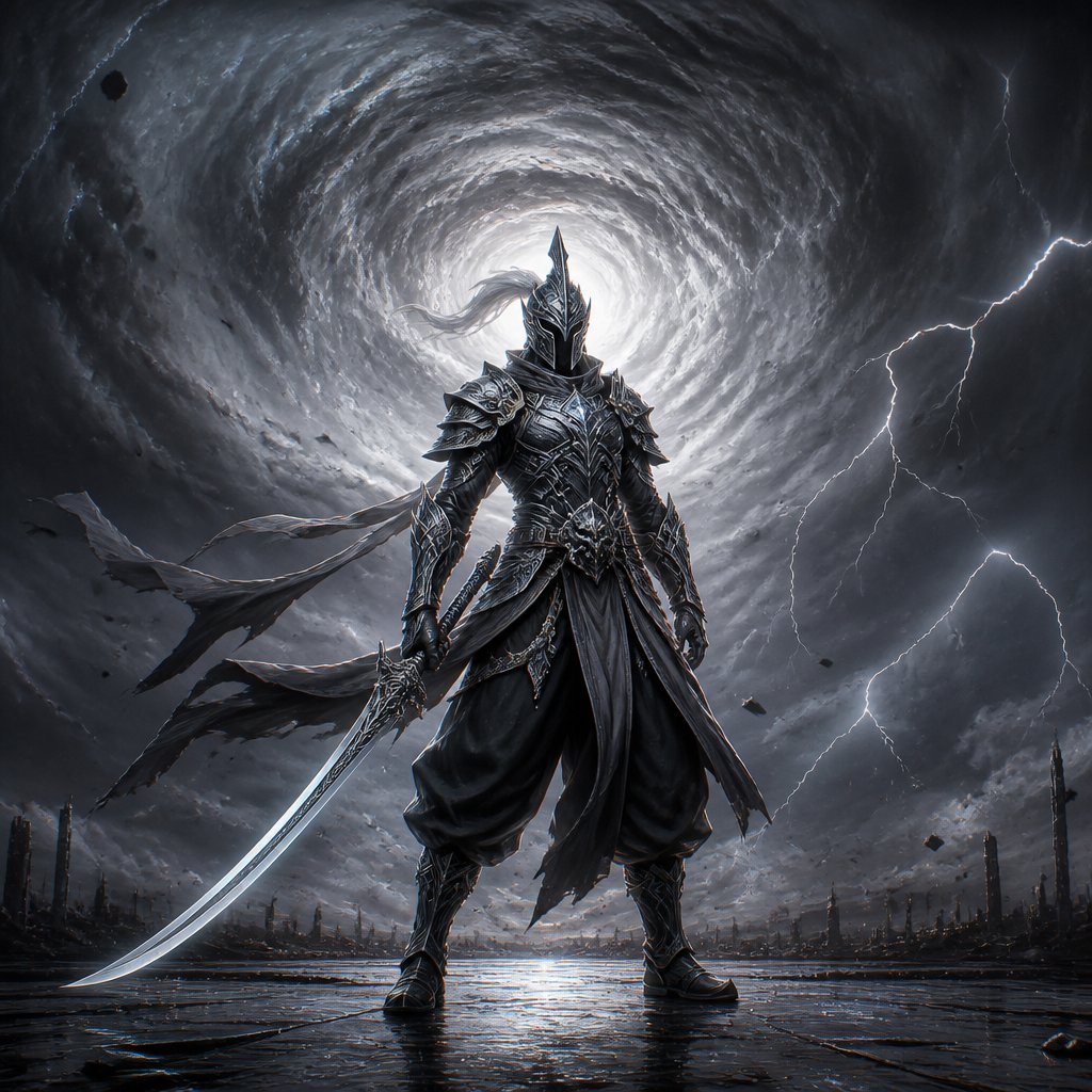 assassin, long curved sword, crested helmet, dark silver armor, luminous lord, baggy pants, eye of the storm