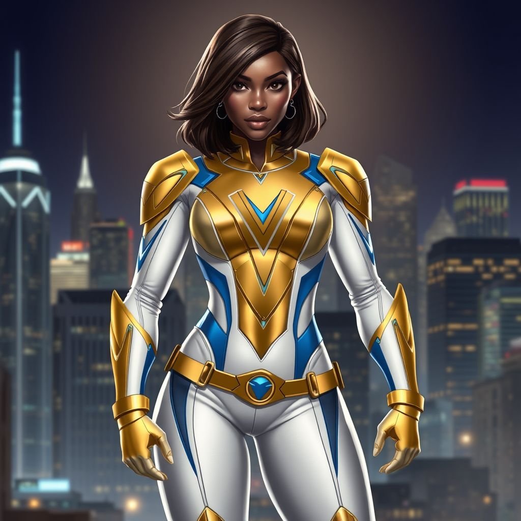 African American female superhero with shoulder length hair in a side part style wearing a slightly armored gold and white suit with blue accents with white pants and gold boots with a stylized V as her chest emblem standing ona roof in a Philadelphia at night