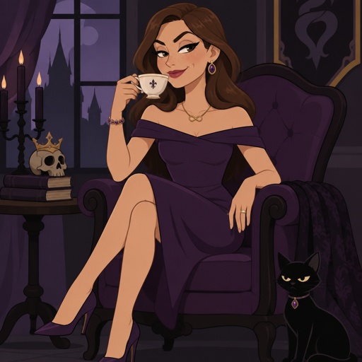 Female, slim, brown smooth hair around face, medium length back hair, freckles, dimples, long eyeliner, upturned nose, drinking tea, bad guy, knee length purple dress off the shoulders, jewelry, necklace infinity symbol, heels, wedding ring, smirk, no cleavage showing