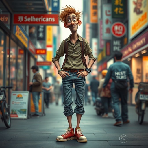 Create a funny looking man with very skinny legs