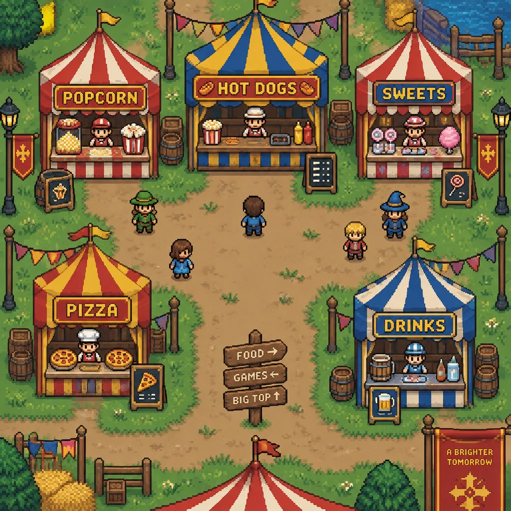 Cozy circus food booths for a modern fantasy game, exterior, top down style