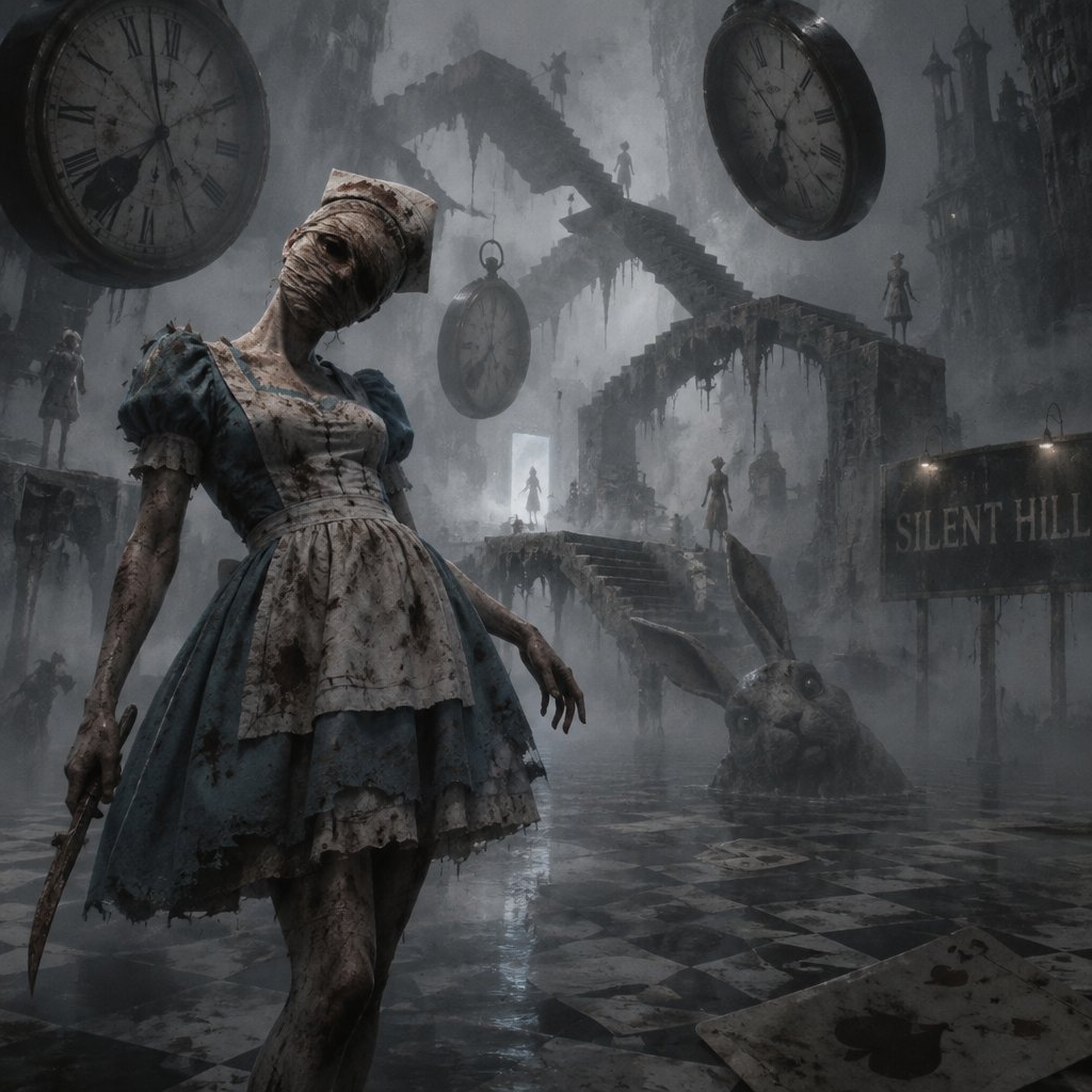 Silent hill with the nurse from the silent hill movie but in Alice’s dress from Alice in wonderland