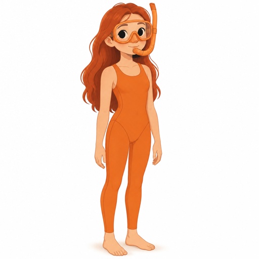 Female wearing an orange one piece legs covered sleeveless feet showing, red long hair, completely black eyes, orange breathing mask, 15 years old 