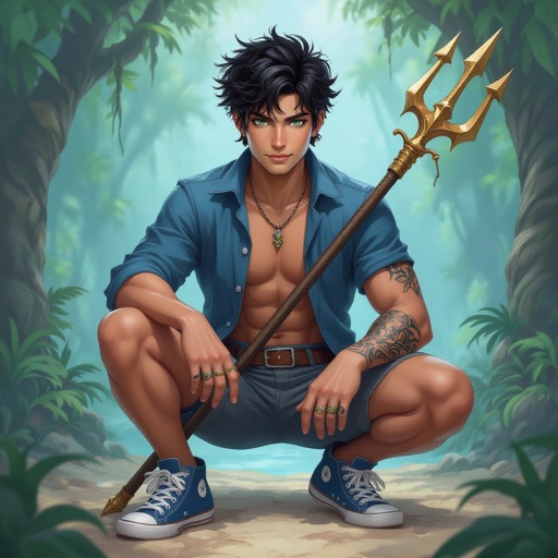 A 20 year old guy with jet black short messy hair, sea green eyes, a Mediterranean complexion, with a lean muscular figure wearing blue shirt, grey shorts with blue converse shoes and a trident tattoo on his right forearm