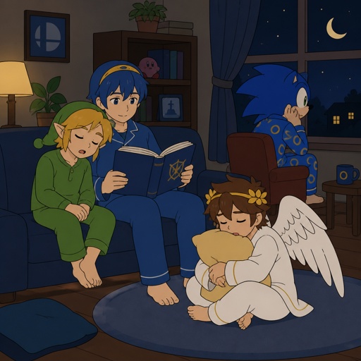 Super smash brothers young link from legend of Zelda, pit from kid Icarus, Marth from fire emblem, sonic the hedgehog as a human It's night time all are in the living room marth is reading a bed time story to the rest, young link is falling asleep leaning on Marth, pit is on the floor hugging a pillow looking at marth intrigued by the story Sonic is on a chair with his one leg over the other listening and staring out the window all are wearing pjs