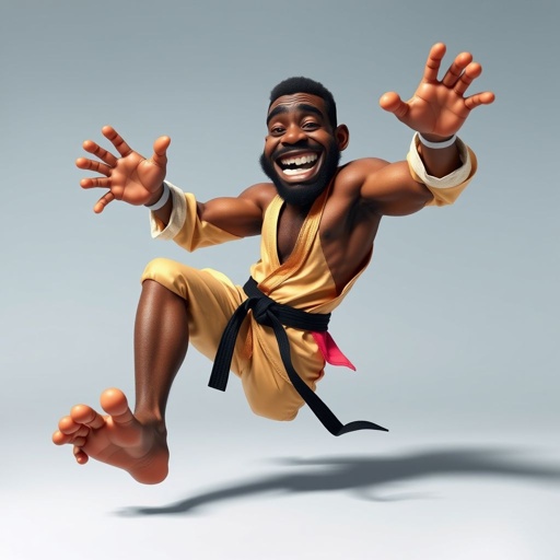 Create a character who looks like a funny African karate guy who doesn’t have a clue what he is doing. Make him have weird toes, only speedos on and a black karate belt.