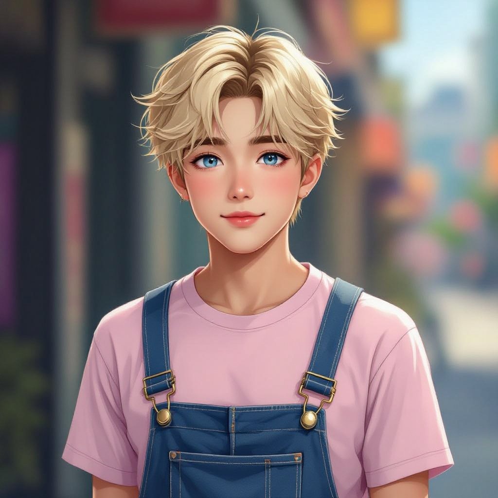 Japanese male 19-years old blonde hair blue eyes no bear wearing a light pink shirt with overalls has a bit of chubby cheeks looks a bit feminine and a bit frail no button shirt