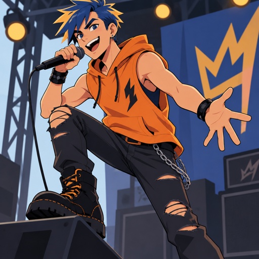 male jagged blue hair cut yellow tips, orange sleeveless hoodie, ripped pants, boots, smiling, dark blue eyes, singing