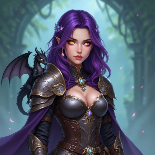 Female paladin with purple hair and a small black dragon on shoulders
