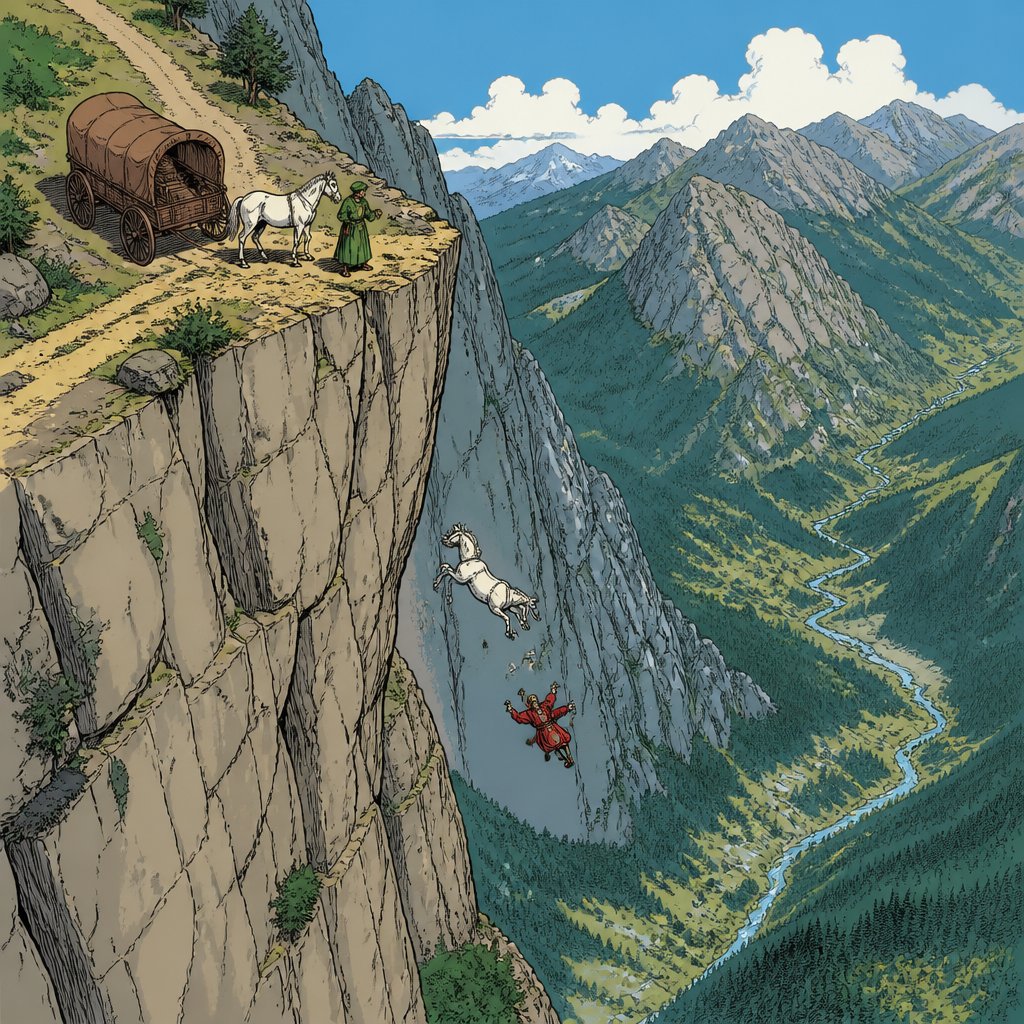 Extreme longshot, drone view, highly realistic, vivid colors. We see a small white horse falling off a cliff, and the writer is wearing a red Renaissance robe, and he too, was falling off. A top of the cliff is another Whitehorse with a person wearing a green renaissance robe and a beret in the background also is a waggon covered by brown canvas mountainous area sunny day no speech bubbles no print dots realistic