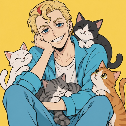 Male, blonde greased brushed back hair, curl on forehead, red streak in hair, scar on lip, blue eyes, eye bags, happy, slim, designer, cyan casual clothes, multiple cats