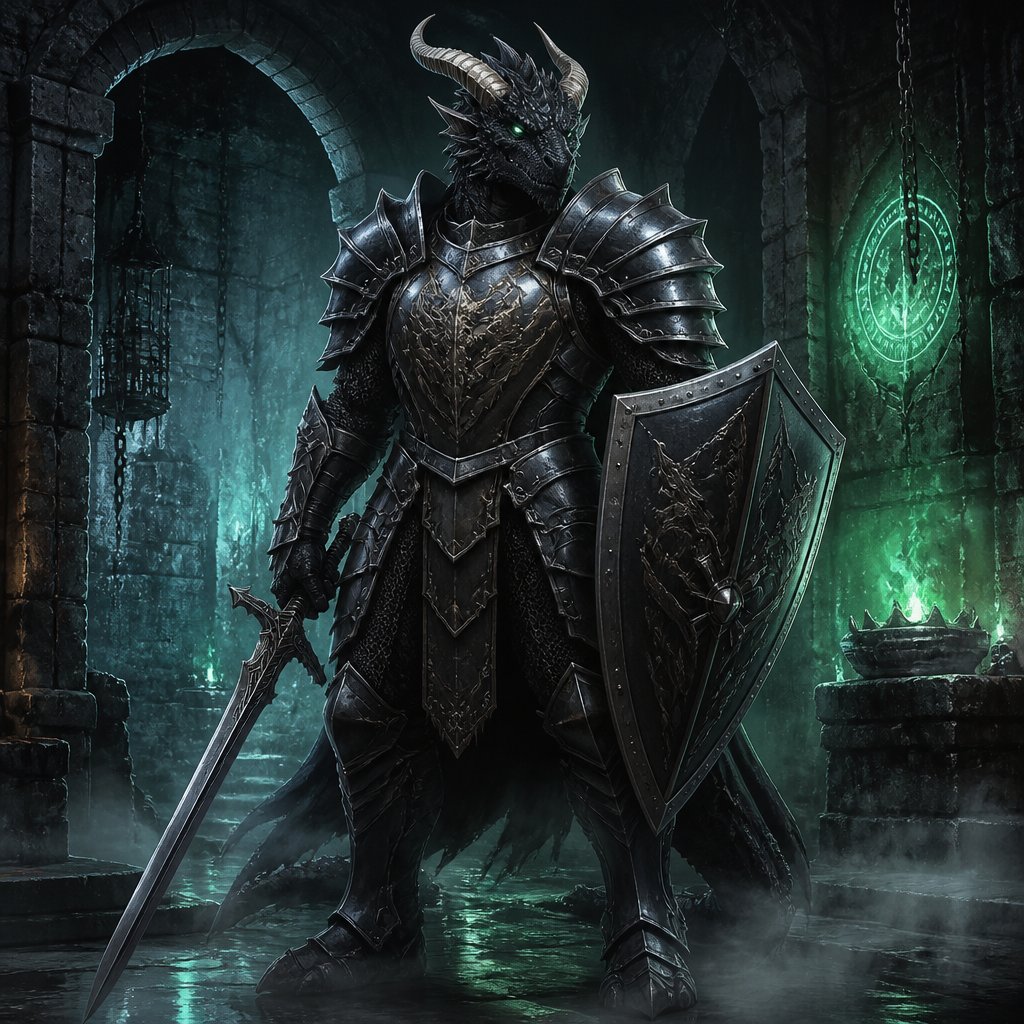 Black dragonborn, 6”8, green glowing eyes, white urial horns on both sides of head, heavy steel armor, steel sword in right hand, steel shield in left hand, in a dungeon