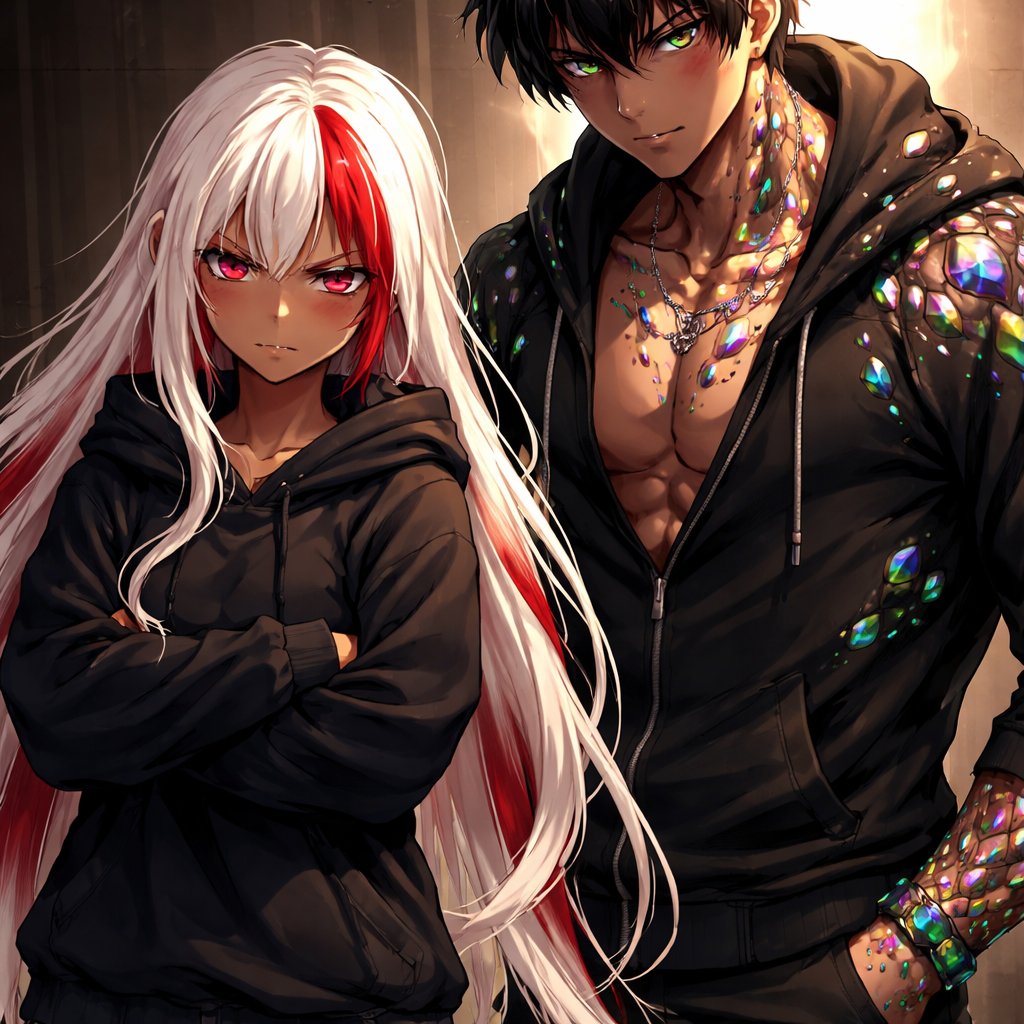 A girl with White long hair with red highlights golden skin ruby eyes she is wearing leggings and a baggy hoodie her sleeves are all the way down and she has a scowl on her face a defiant glare in her eyes next to her is a tall built man he has black hair and gems embedded in his skin almost like snake skin. He has green eyes and his pupils in slits
