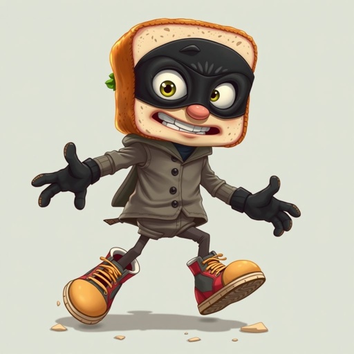 Create a funny looking clumsy sandwhich thief with funny shoes on. Make him have on the bandit black thing around his eyes 