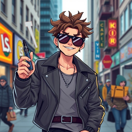 Create a funny cocky character named vaping Kenny, not smoking a car just holding one and thinking he is the man 
