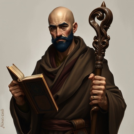 A bald lightskin human man in his early forties with a brown robe and a book and staff with black facial hair
