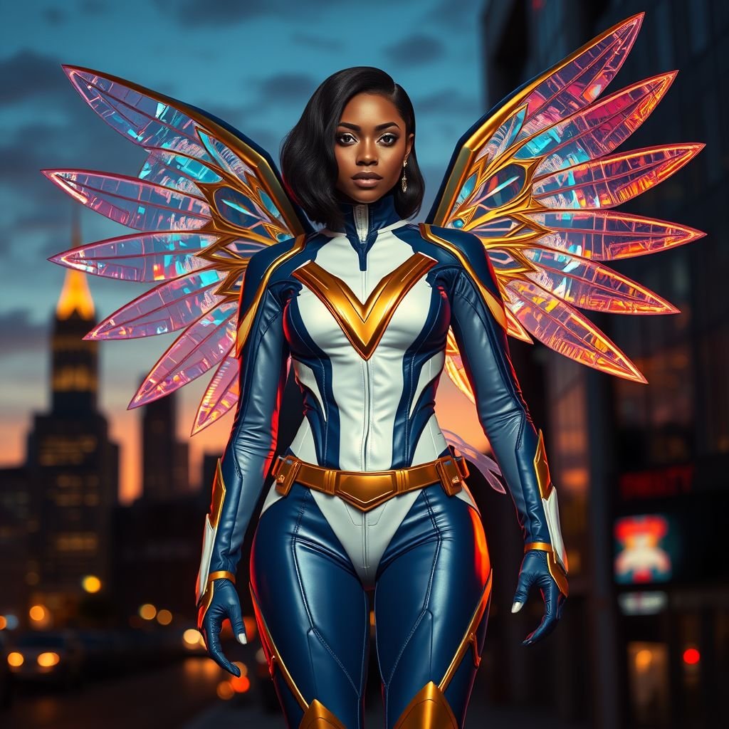 African American female superhero with shoulder length hair in a side part style and holographic wings wearing a homemade leather white and blue suit with gold accents and blue pants with a stylized V as her chest emblem wearing gold flat boots made of gold fire standing in Philadelphia at dusk