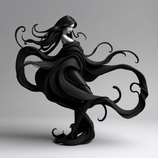 Create character hero Veyra of Shadows – A lithe, mysterious woman draped in layered black silks that move like smoke around her. With jet-black hair. Show her whole body head to toe including her shoes.