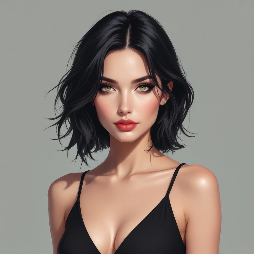 Show character head to toe. Create a mid age mysterious woman jet-black hair is cut sharpand her eyes seem to pierce through darkness. A shadowy aura clings to her form,