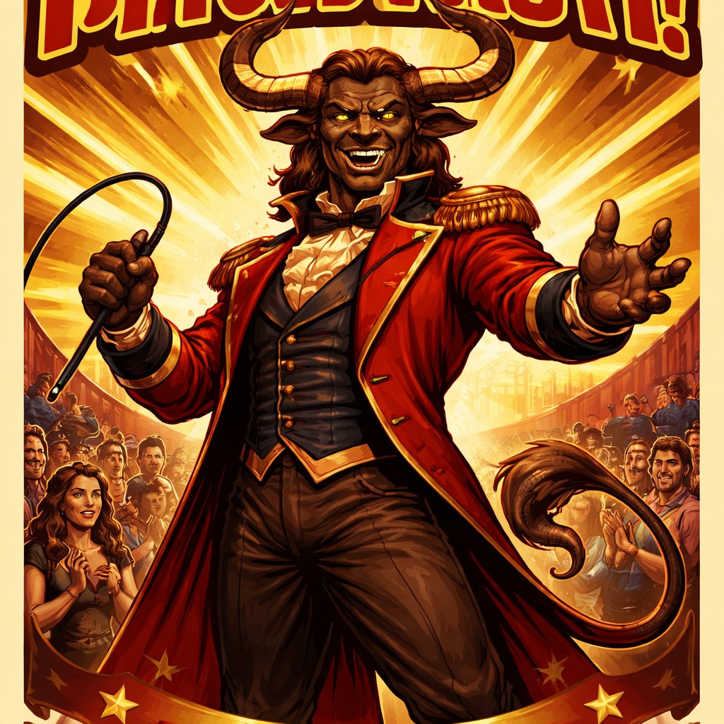 A male chestnut brown Minotaur with deep set cattle like brown eyes, large powerful gleaming horns like his fathers, a well~proportioned figure/body at lest 6 foot tall, long tail. He works at freak show as the ringmaster and his abilities are Reality Rejection, Time Manipulation (Chronokineses), Zoolingualism (Language of Cattle only), Human Speech. His mother is a human with half-animal (Cretan Cattle) physiology and his father is a Cretan Bull.