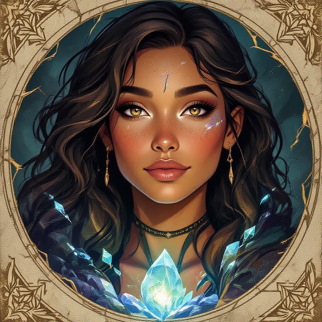 Her skin has the texture of smooth river stone—warm browns streaked with mineral veins that glow faintly when she casts. Her hair falls in heavy, dark waves threaded with tiny flakes of mica. Her eyes are wide, deep, soft; they crackle with buried intelligence like shifting tectonic plates. Earth Genasi wizard