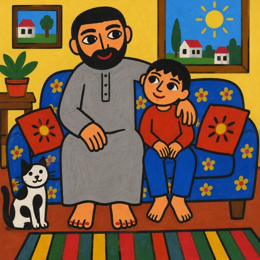 A man in a  gray robe with Red pedicure Sitting on the couch with his son