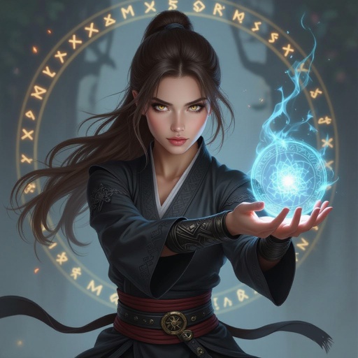 22 year old female with light hazel eyes, brown hair that fades to silver at the tips, black martial arts clothing