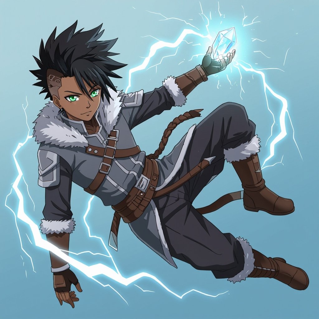 A full body picture of a 15 year old black male with a semi braided undercut and green eyes. Give him a gray mage/assassin outfit with fur. Have him floating surrounded by lightning bolts. Give him a crystal that floats from his upside down left hand 