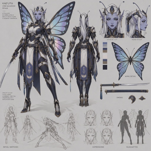 A gorgeous alien butterfly woman in a futuristic space samurai armor. Show whole body. 