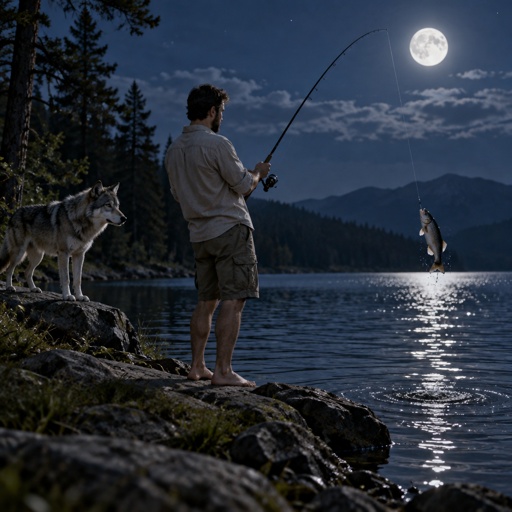 Moon On Wolf, Fishing, Man, Shirt, Short Pants, Feet, Fish