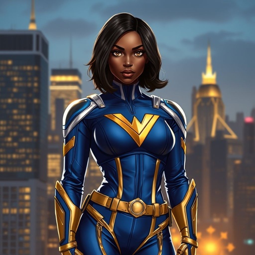 African American female superhero with hair  in a shoulder length side part hairstyle with pure Gold Glowing eyes wearing  slightly armored royal blue white and gold accented suit with royal blue pants and gold knee length boots with a utility belt with a gold V  as her chest emblem in Philadelphia 