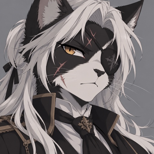 Tuxedo cat furry ,scars, missing eye, long white hair