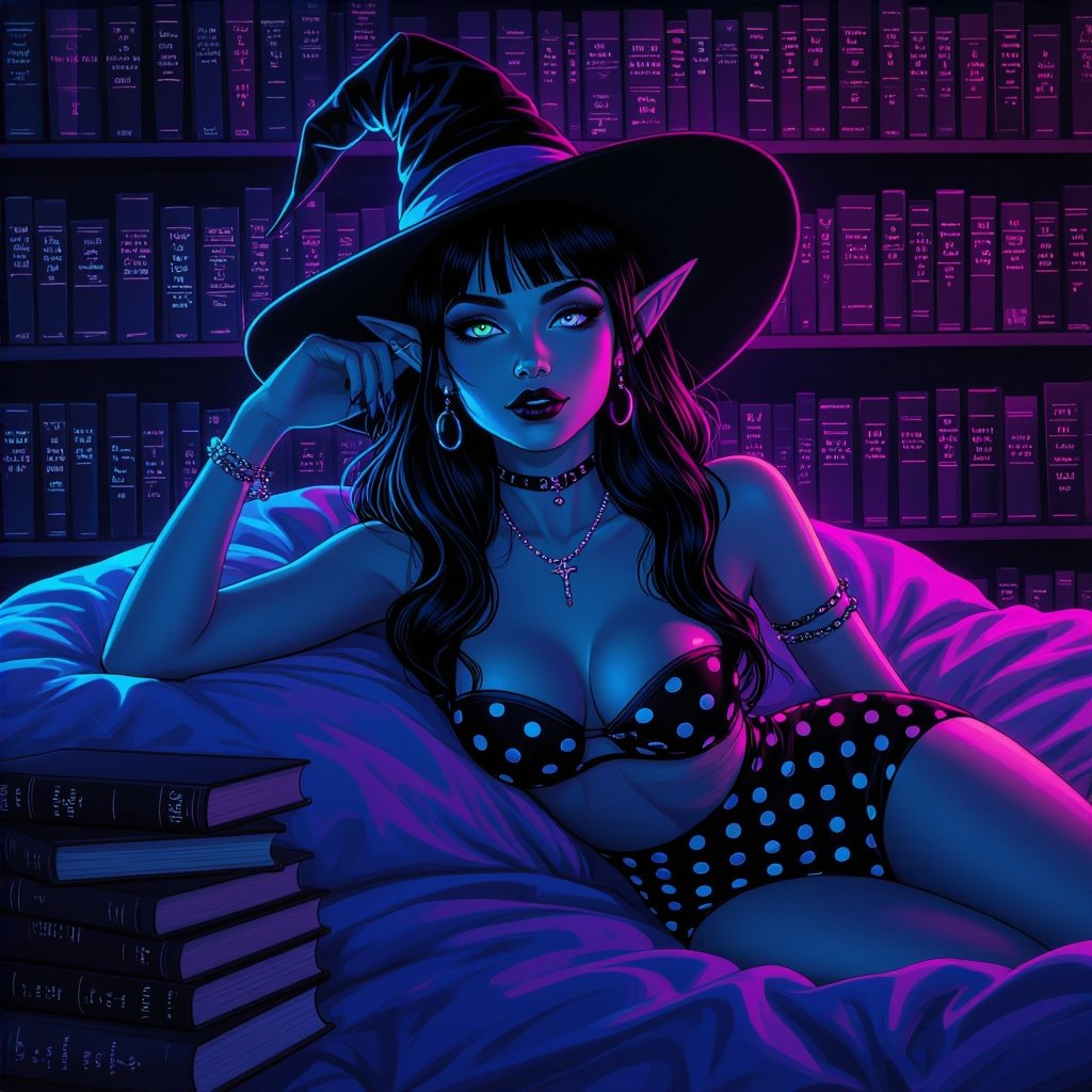 Dark Brunette Elf Witch Librariani with With Hat.  Strapless Bathing Suit Top and Black and white Polka Dot Mini Pencil Skirt laying on Library Bed