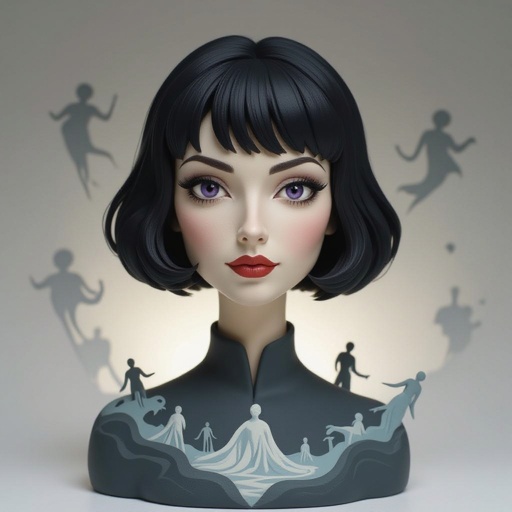 Show her shoes. Create mysterious woman jet-black hair is cut sharp to her jawline, and her violet eyes seem to pierce through darkness. A shadowy aura clings to her form, faint shapes shifting and flickering behind her like whispers of another realm. Show whole body head to toe