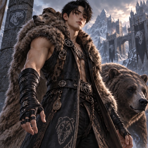 a man standing next to a bear in front of a mountain