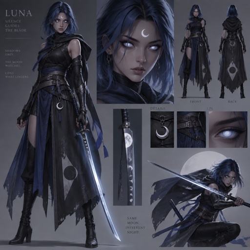 assassin name luna, moon eyes, moon mark on head, blue long bob, moon katana