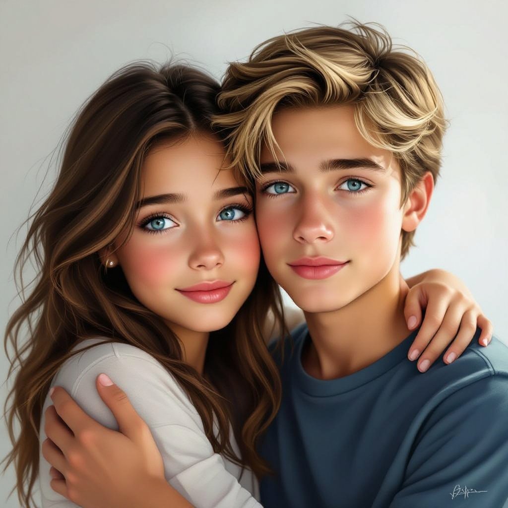 brown hair girl with blue eyes age 14 hugging a taller blonde boy with blue eyes age 15